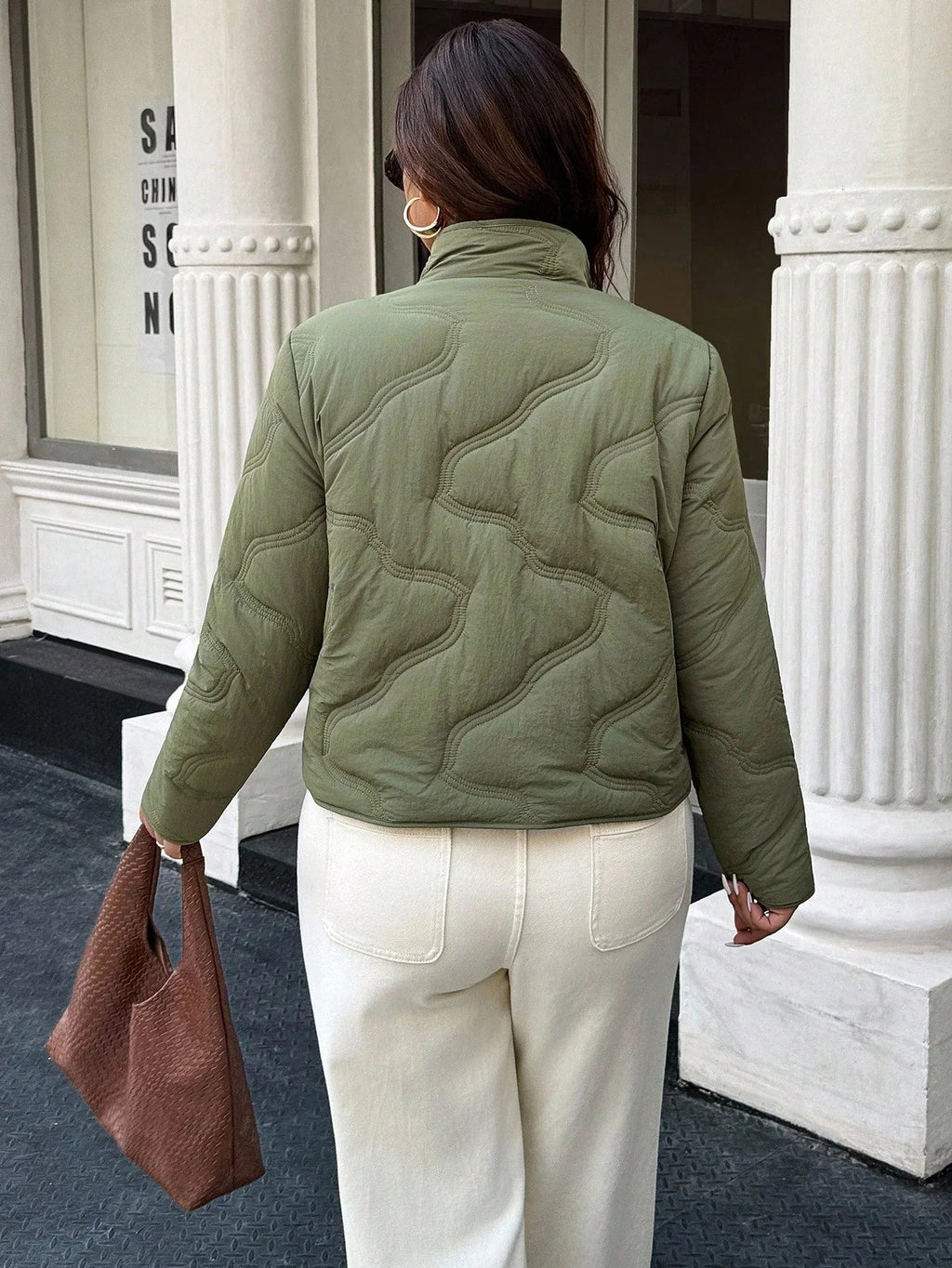 Plus Size Zipper Front Winter Jacket Solid Green Lined