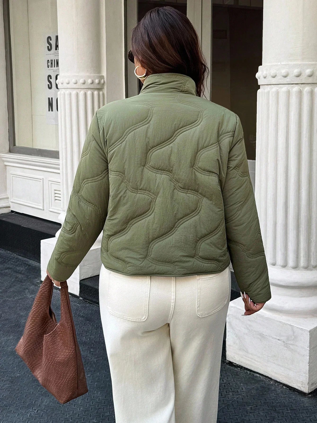 Plus Size Zipper Front Winter Jacket Solid Green Lined