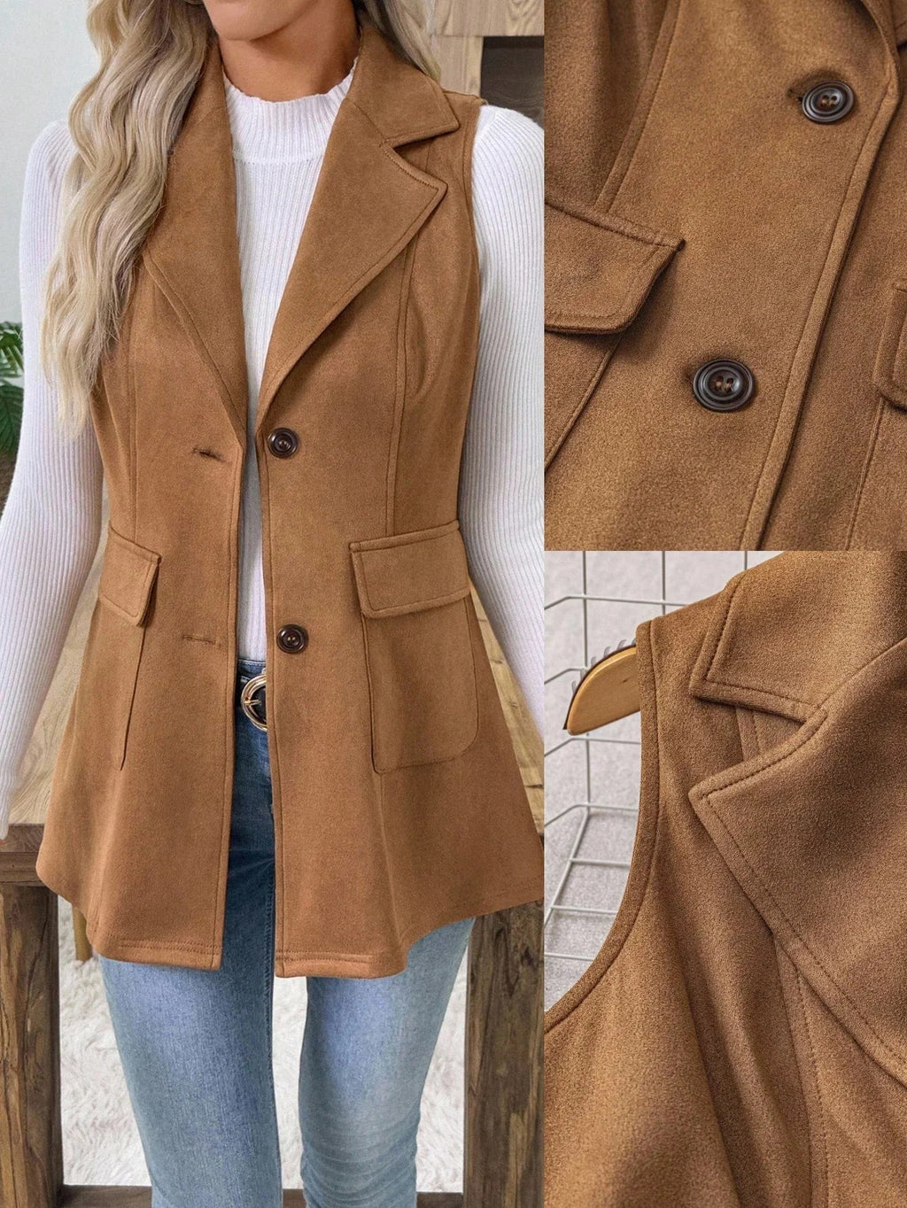 Sleeveless Lapel Neck Vest Blazer Slim Fit With Pockets