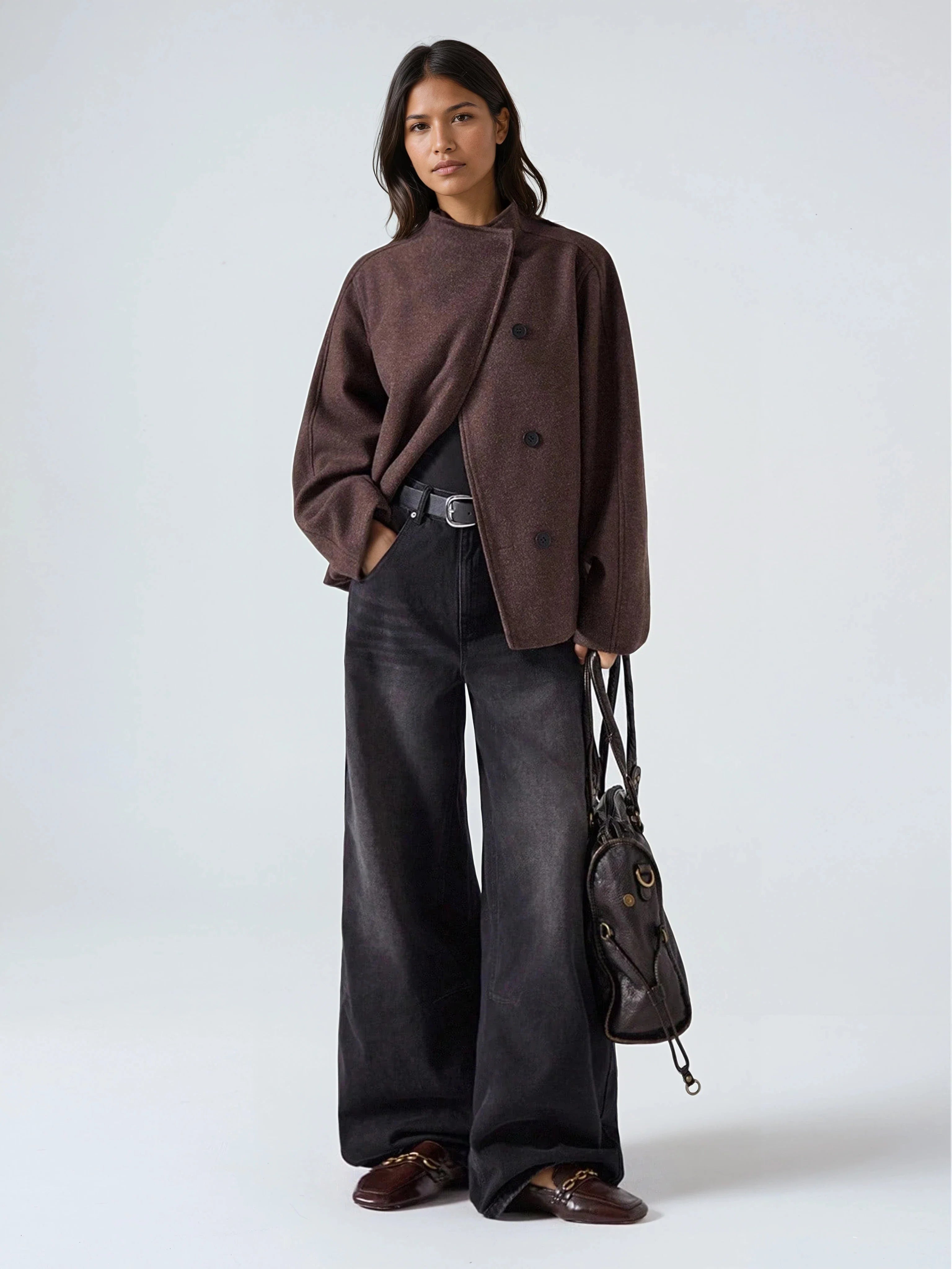 Minimalist Wool Blend Jacket Double Breasted With Pockets
