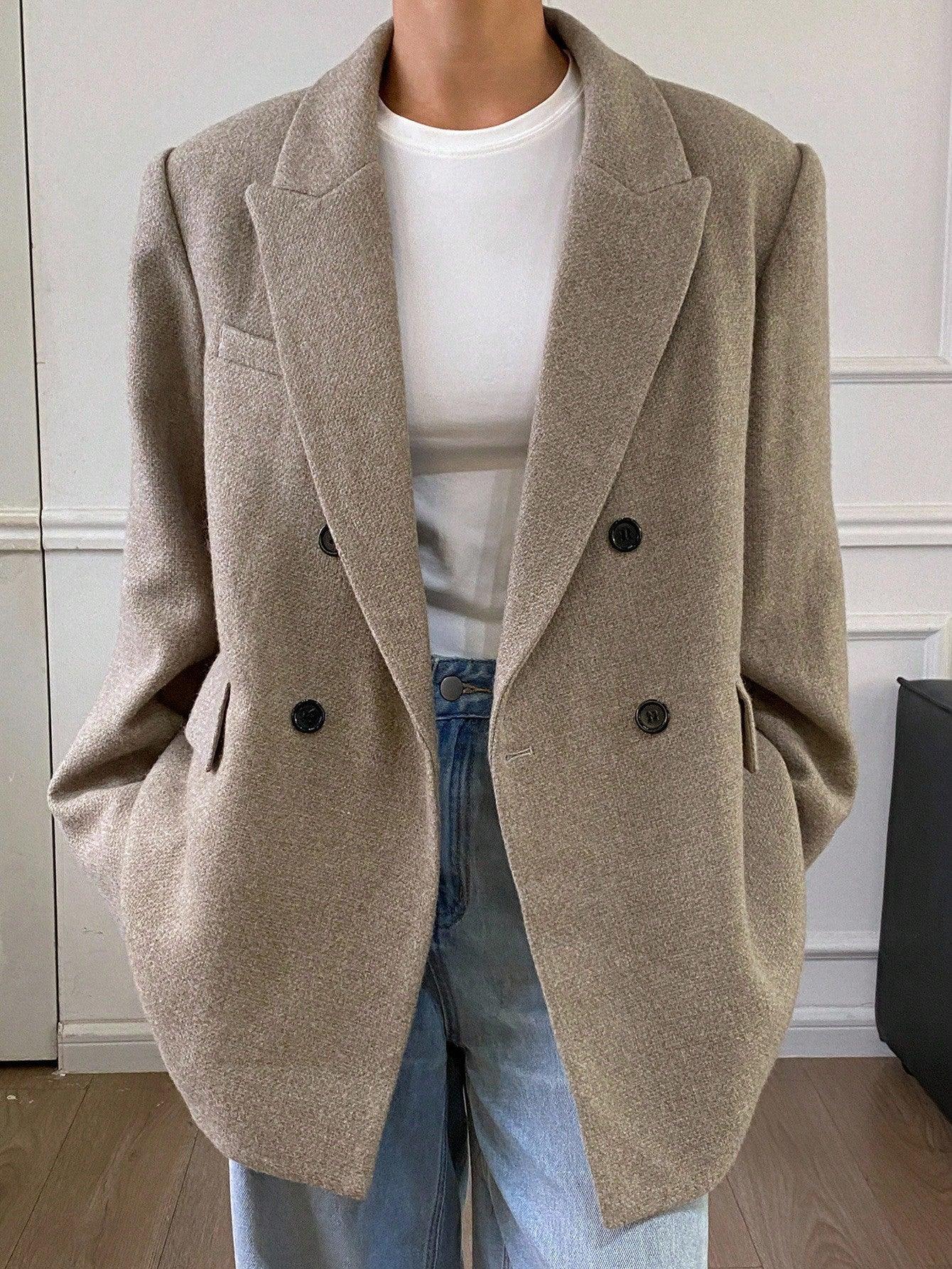 Warm Wool Blend Overcoat Notched Collar Double Breasted