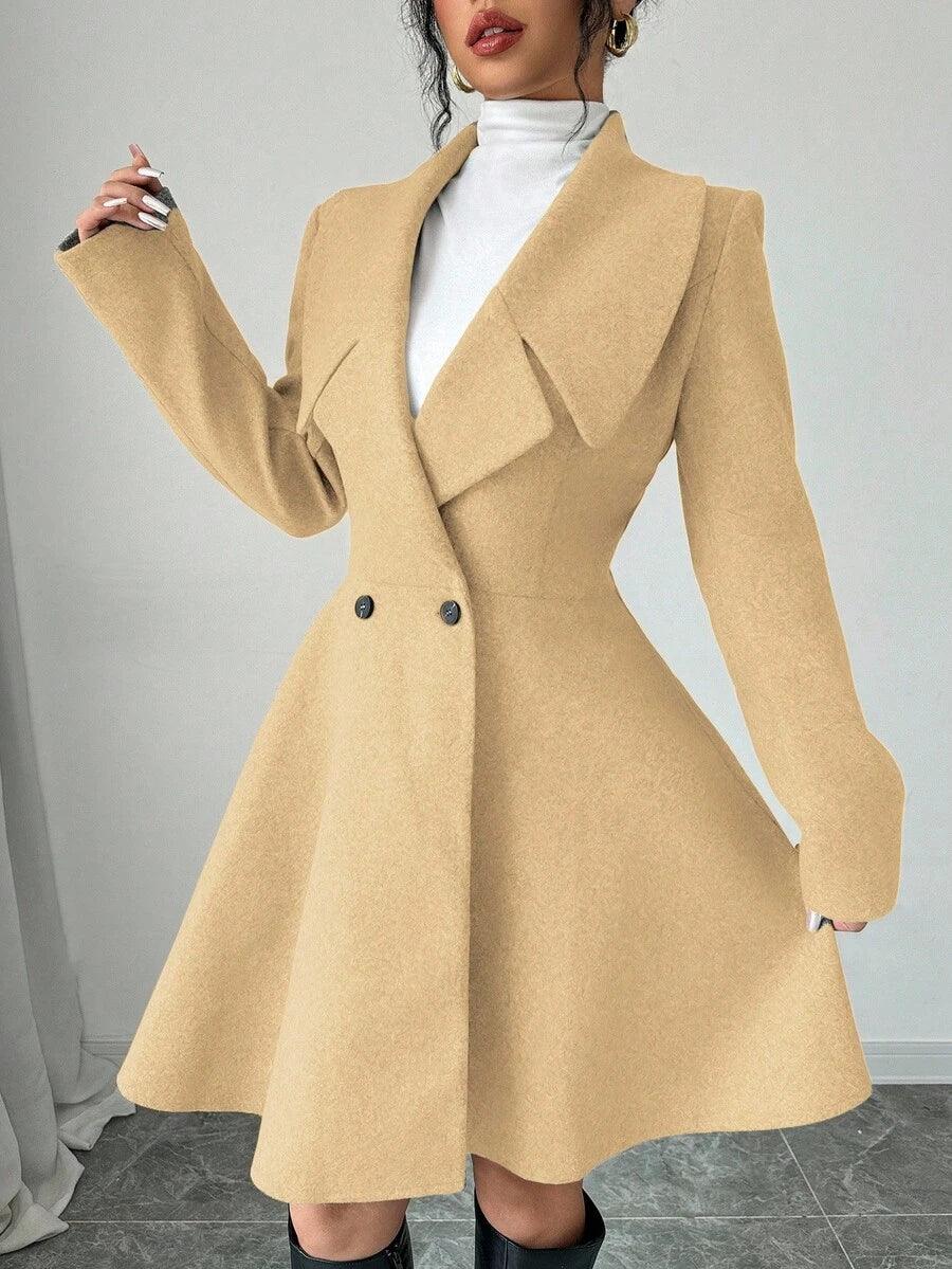 Elegant Minimalist Wool Overcoat With Waterfall Neckline