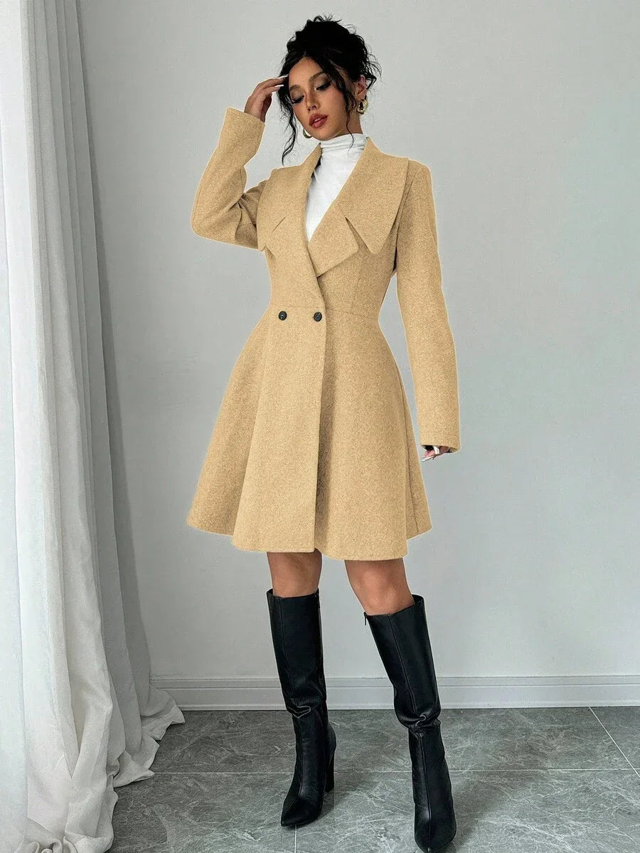 Elegant Minimalist Wool Overcoat With Waterfall Neckline