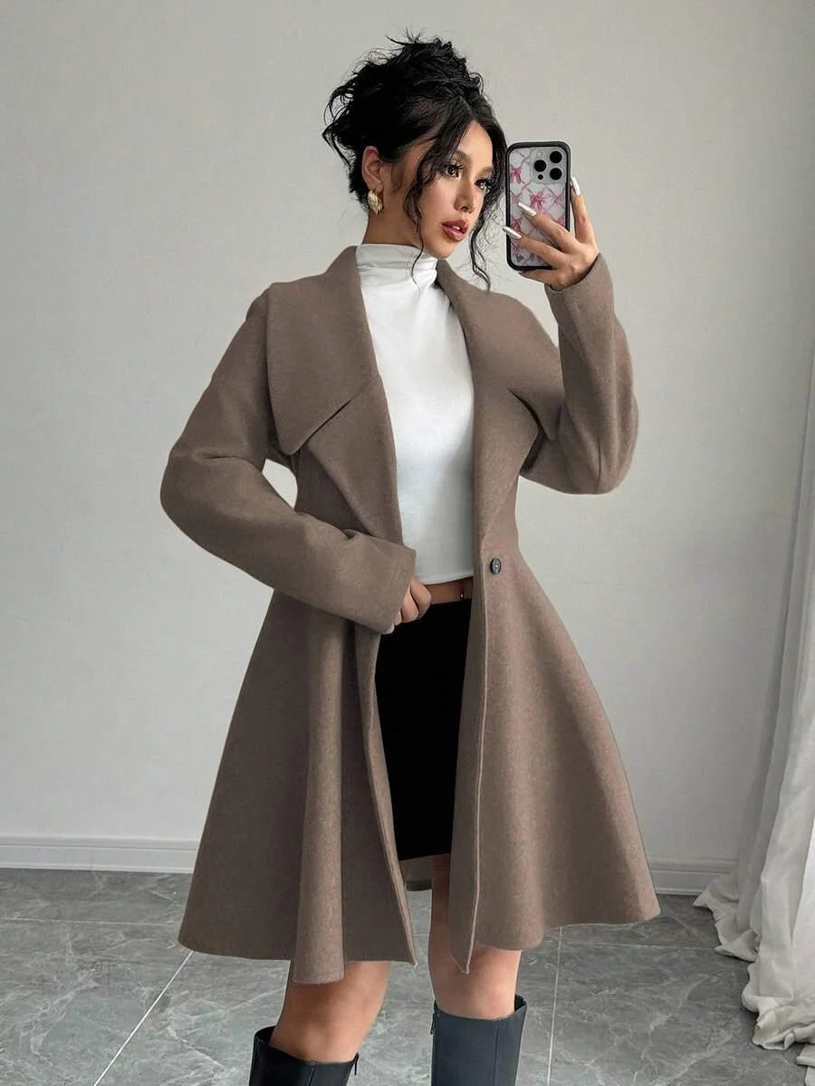 Elegant Minimalist Wool Overcoat With Waterfall Neckline