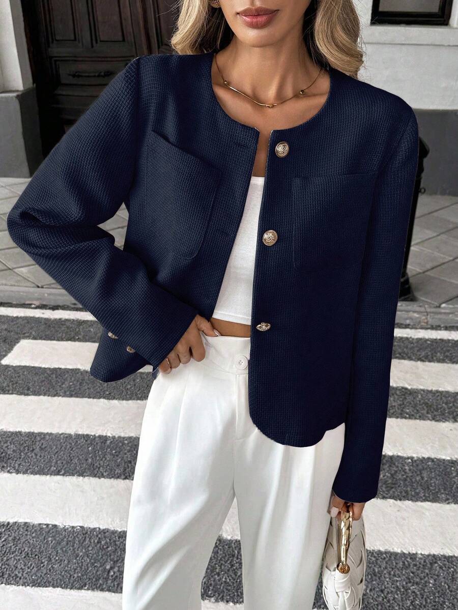 Round Neck Long Sleeve Jacket for Women Regular Fit Casual Outerwear Spring Summer
