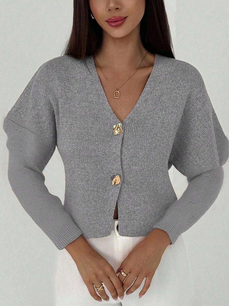 V Neck Long Sleeve Button Front Knit Cardigan
