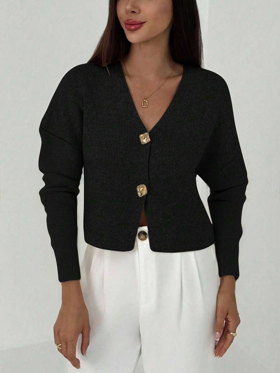 V Neck Long Sleeve Button Front Knit Cardigan