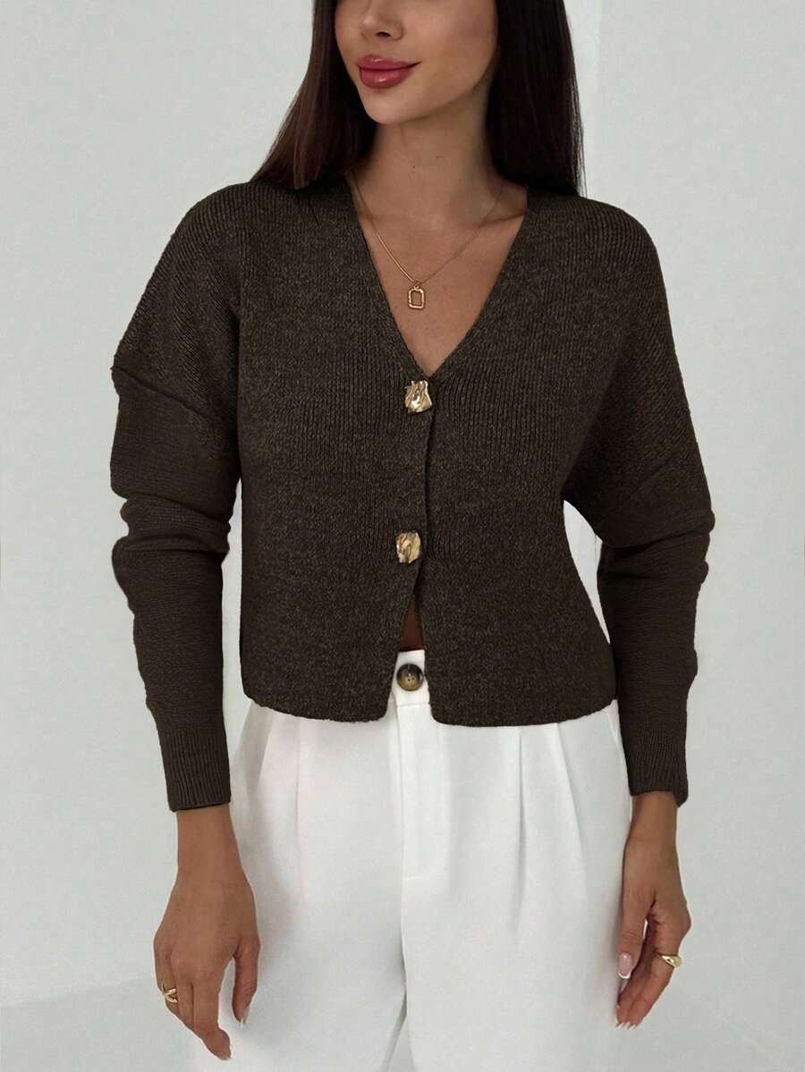 V Neck Long Sleeve Button Front Knit Cardigan
