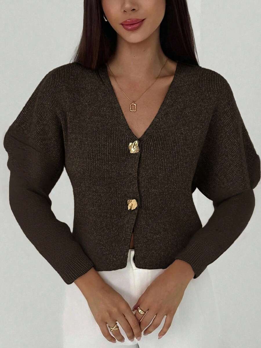 V Neck Long Sleeve Button Front Knit Cardigan