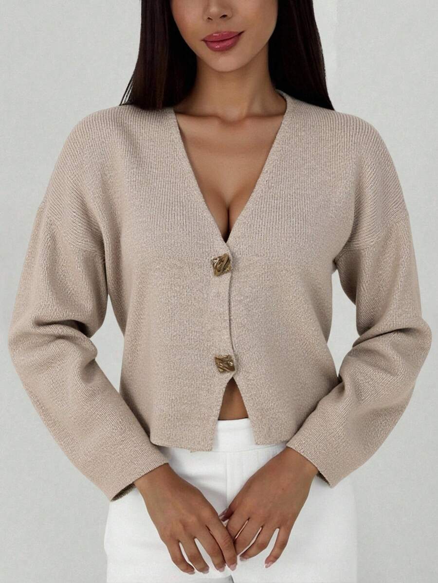 V Neck Long Sleeve Button Front Knit Cardigan