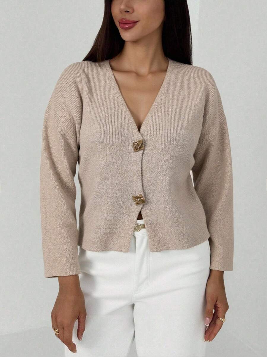 V Neck Long Sleeve Button Front Knit Cardigan