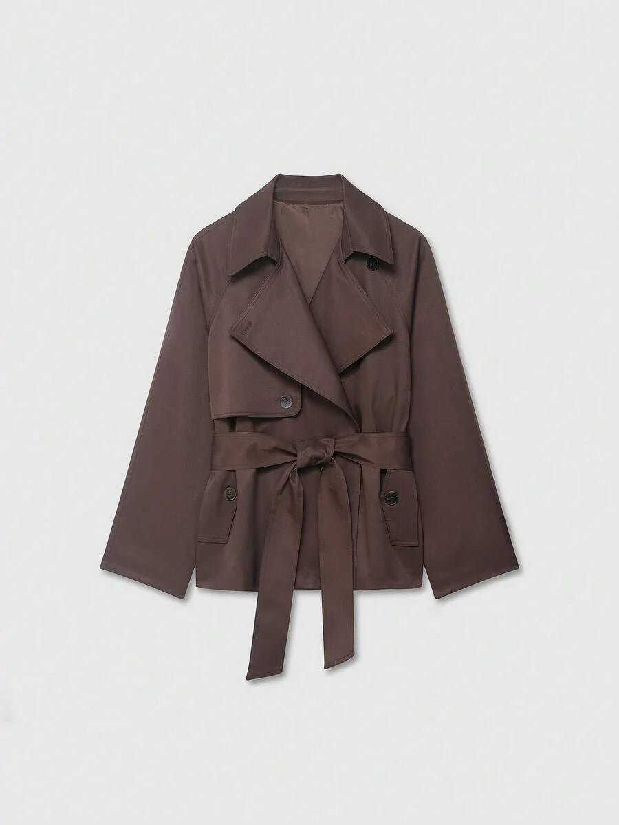 Lace Up Vintage Minimalist Short Trench Coat With Belted Silhouette And Warm Lining