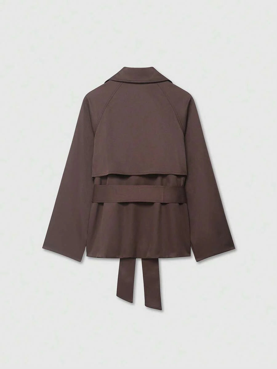 Lace Up Vintage Minimalist Short Trench Coat With Belted Silhouette And Warm Lining
