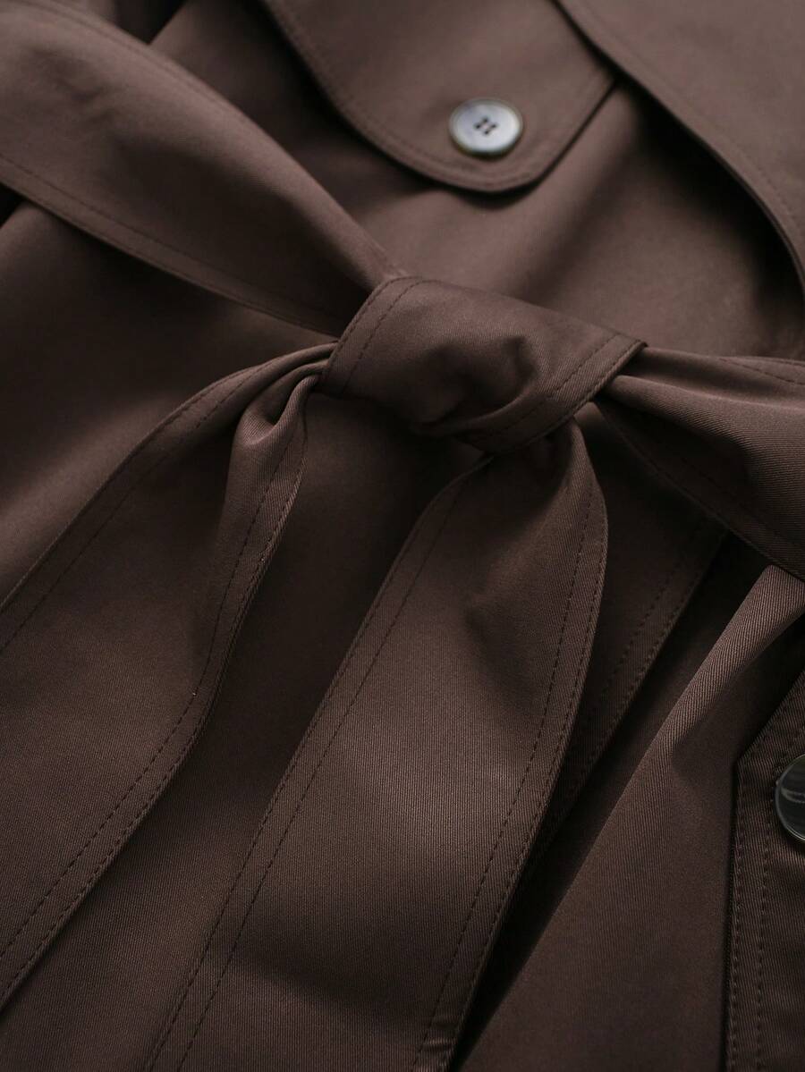 Lace Up Vintage Minimalist Short Trench Coat With Belted Silhouette And Warm Lining