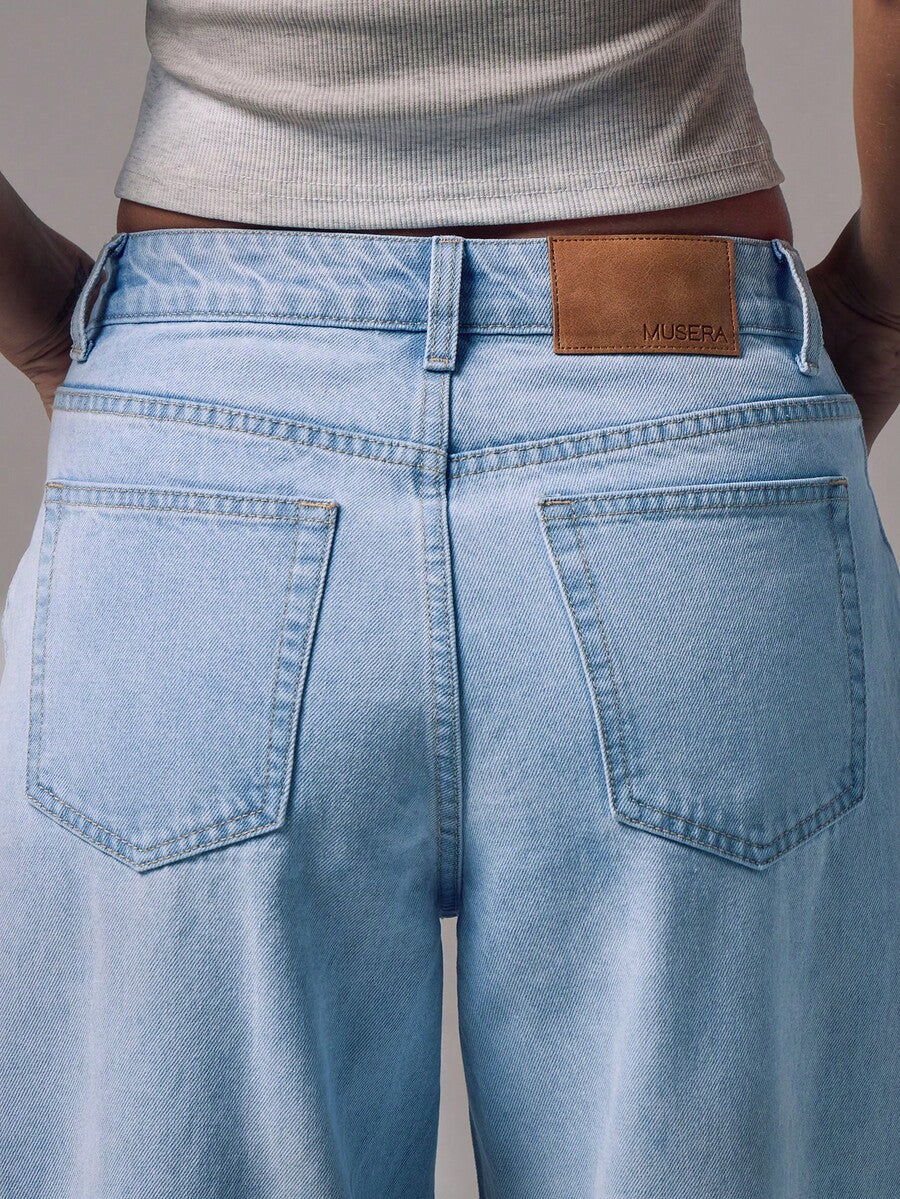 Mid Rise Wide Leg Denim Jeans With Silver Button Detail For Casual Everyday Wear