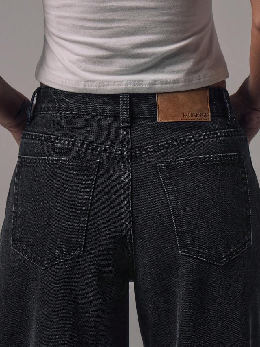 Mid Rise Wide Leg Denim Jeans With Silver Button Detail For Casual Everyday Wear