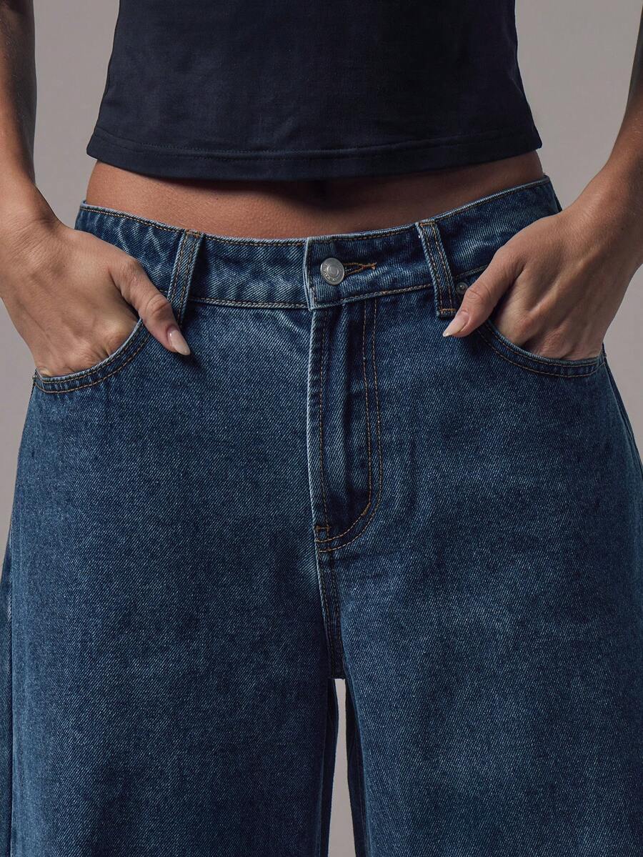 Mid Rise Wide Leg Denim Jeans With Silver Button Detail For Casual Everyday Wear