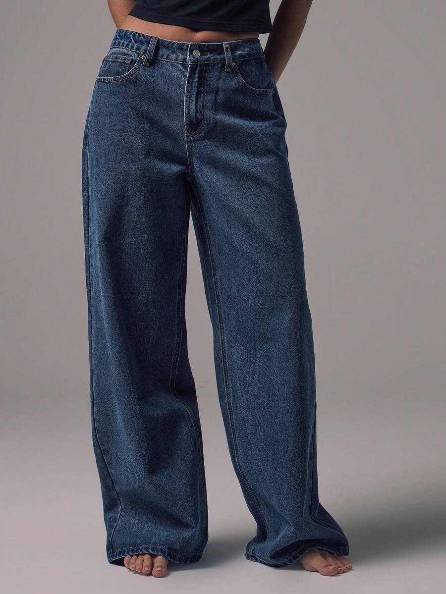 Mid Rise Wide Leg Denim Jeans With Silver Button Detail For Casual Everyday Wear