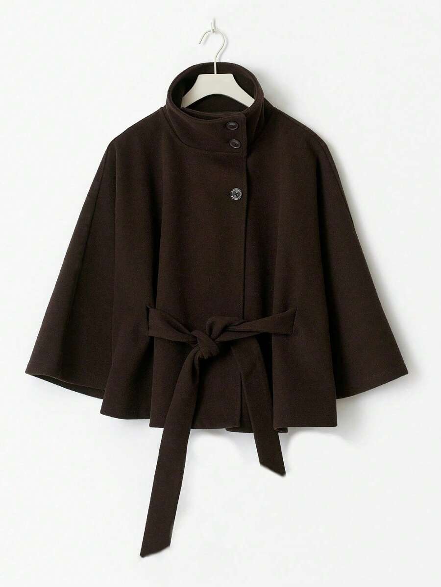 Hooded Belted Wool Cape Coat
