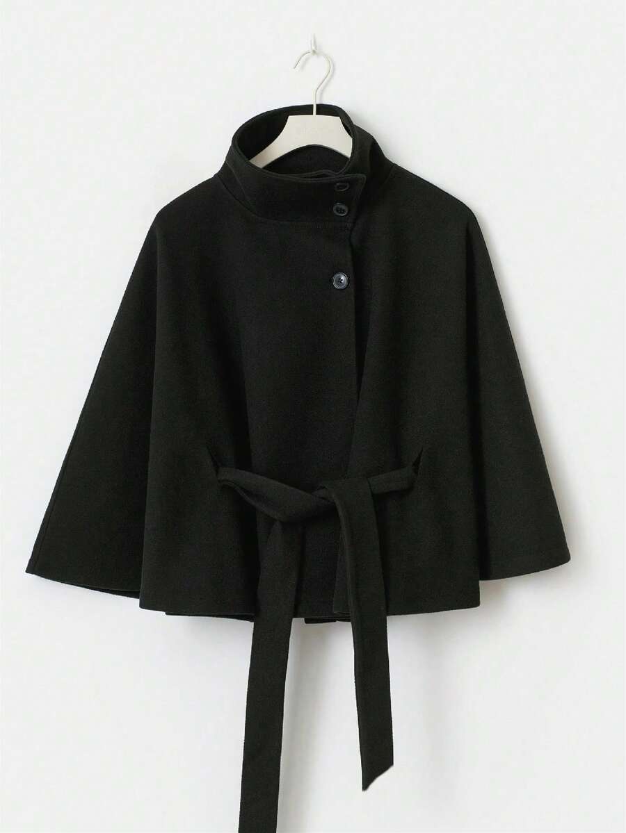 Hooded Belted Wool Cape Coat