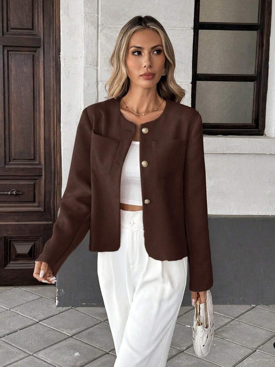 Round Neck Long Sleeve Jacket for Women Regular Fit Casual Outerwear Spring Summer