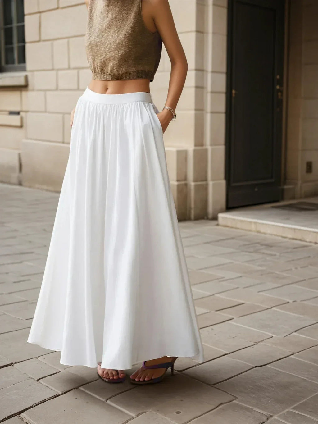 High Waist Casual All-matching Linen Pleated Maxi Skirt