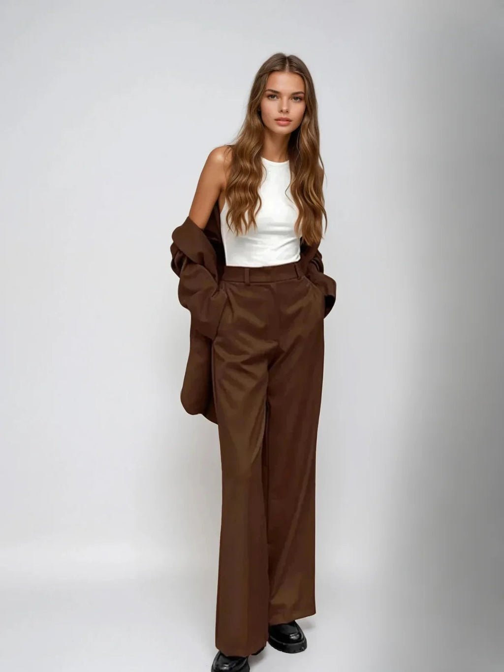Mocha Vintage Blazer & Wide-leg Pants Matching Set