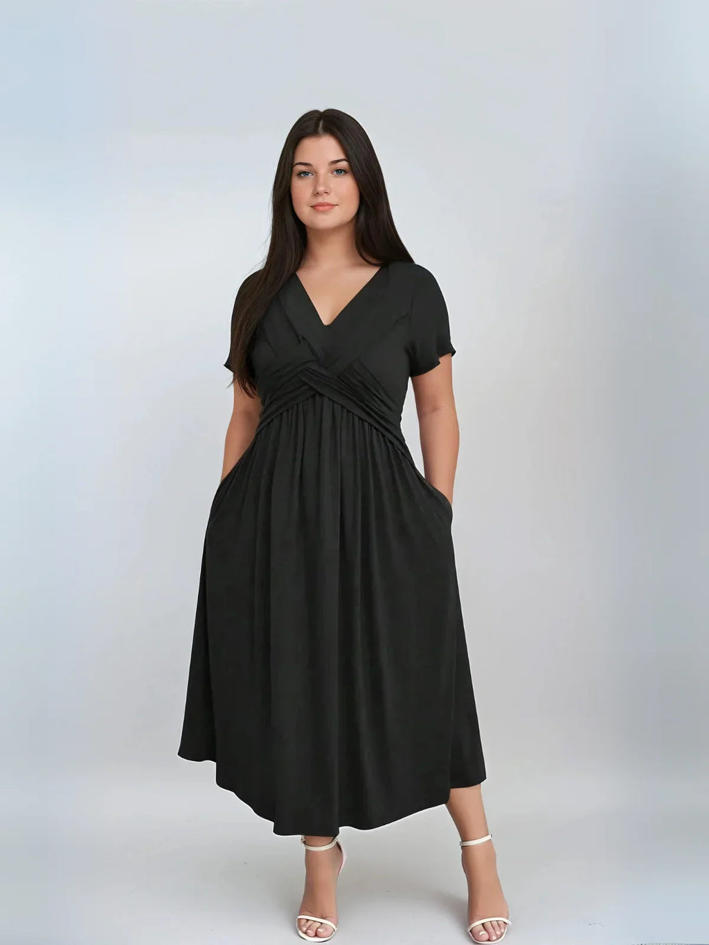 Plus Size V Neck Sundress With Pockets Cinched Waist