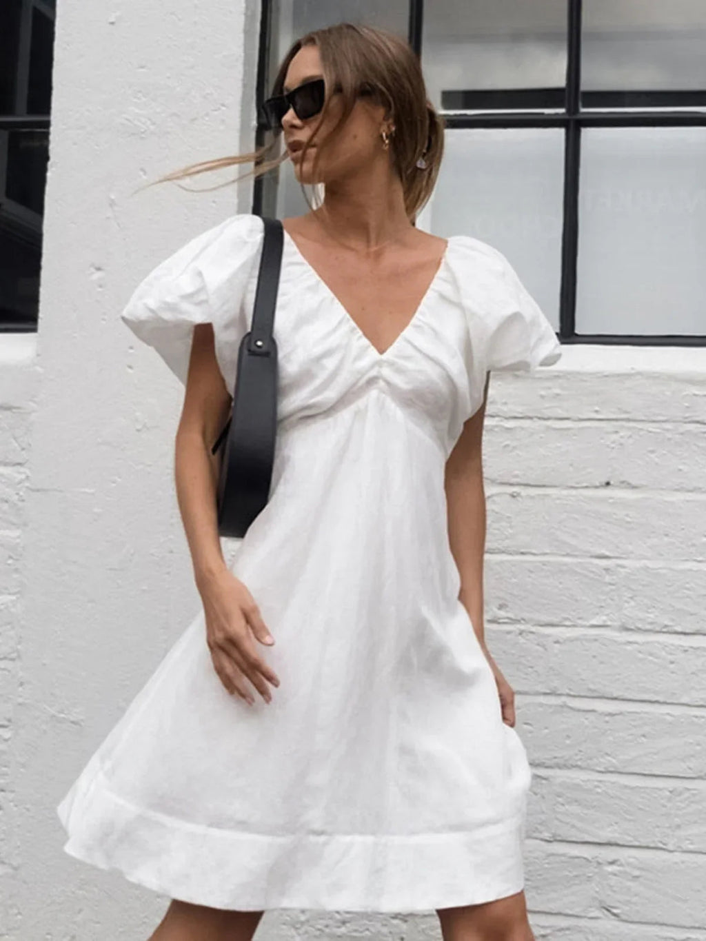 Cotton V-Neck Puff Sleeves Backless Dress