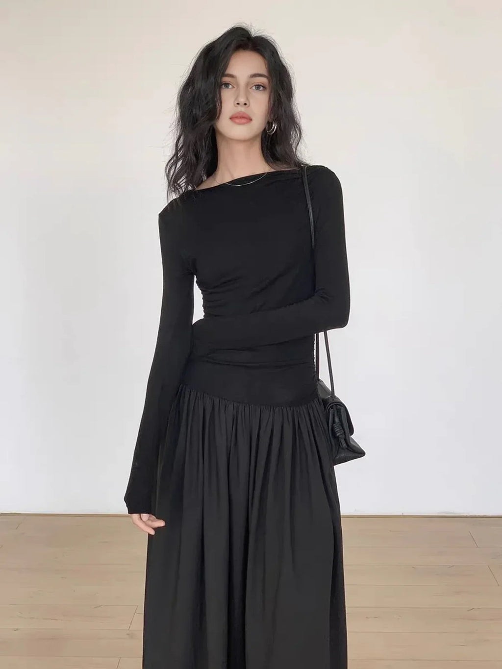 Pleated Patchwork Knit Long Sleeve Midi Dress