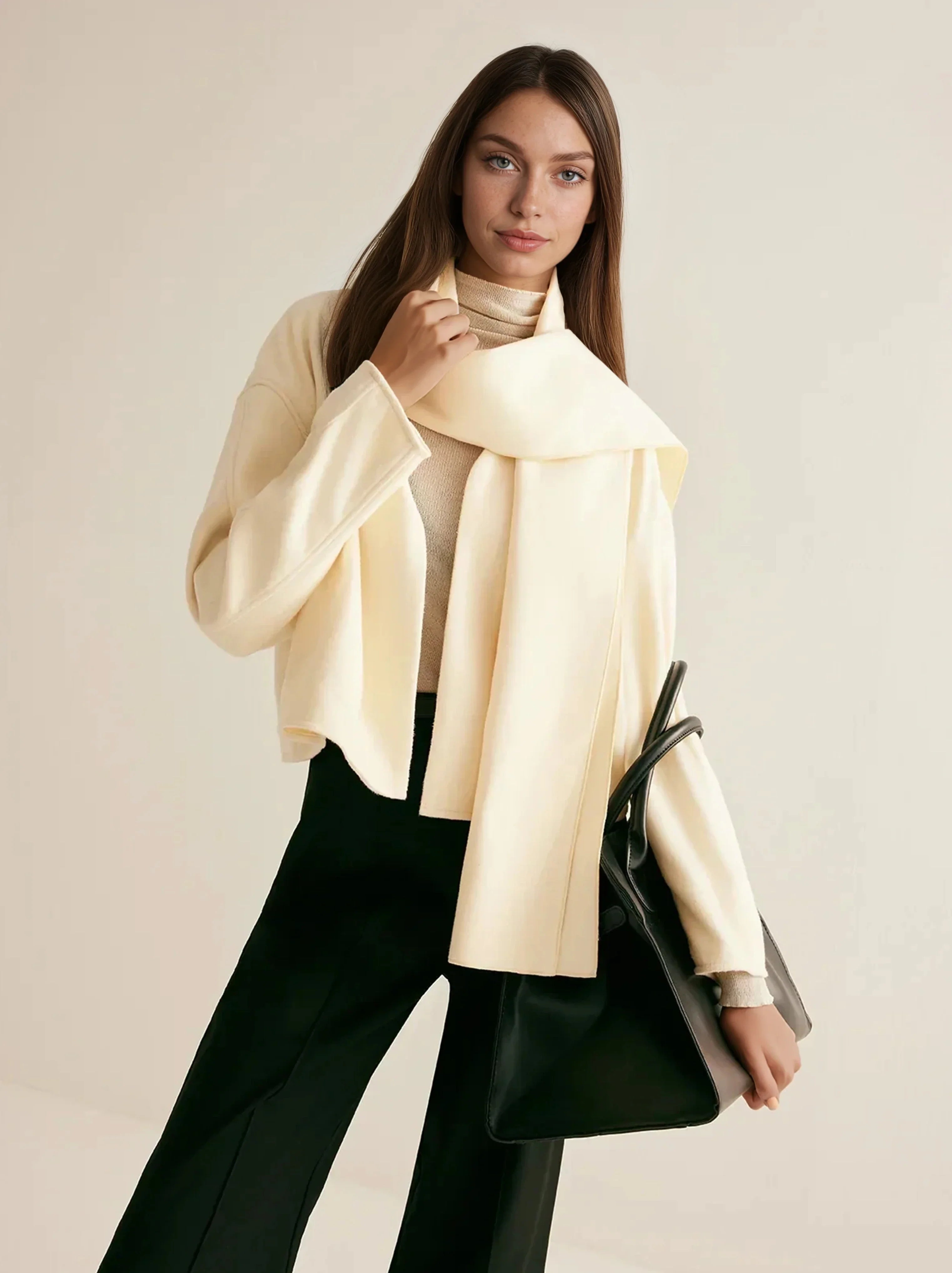 Plain Short Coat With Scarf