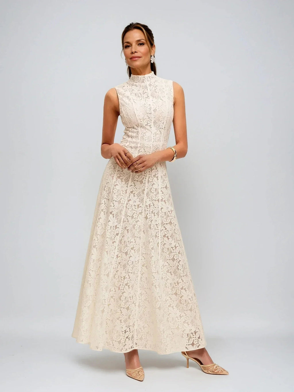 Half Turtleneck Sleeveless Semi-Sheer Lace Dress