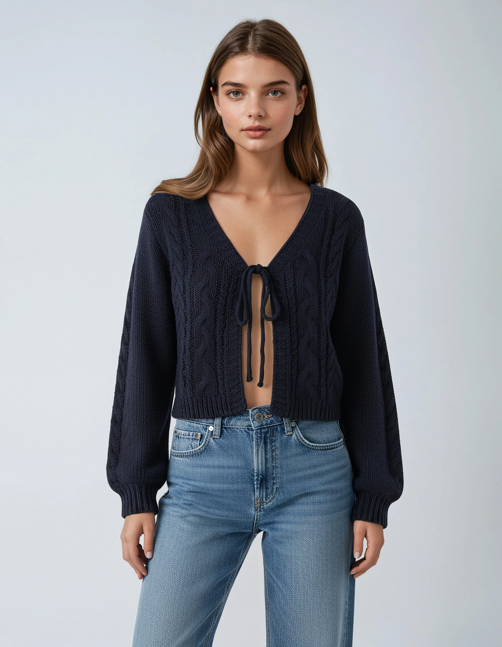 Deep V-neck Navy Blue Cardigan