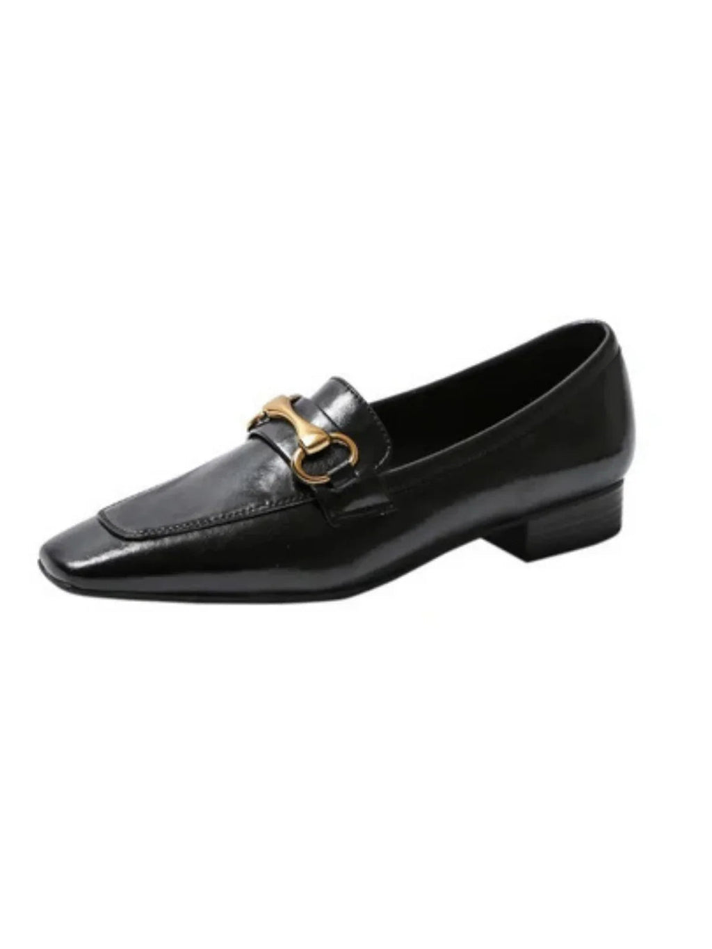 Leather Flat Shoes With Low Heel Metal Accent Square Toe