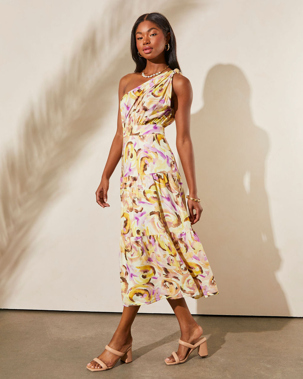 فستان ميدي يسيدوري بكتف واحد كتف متعدد الطبقات