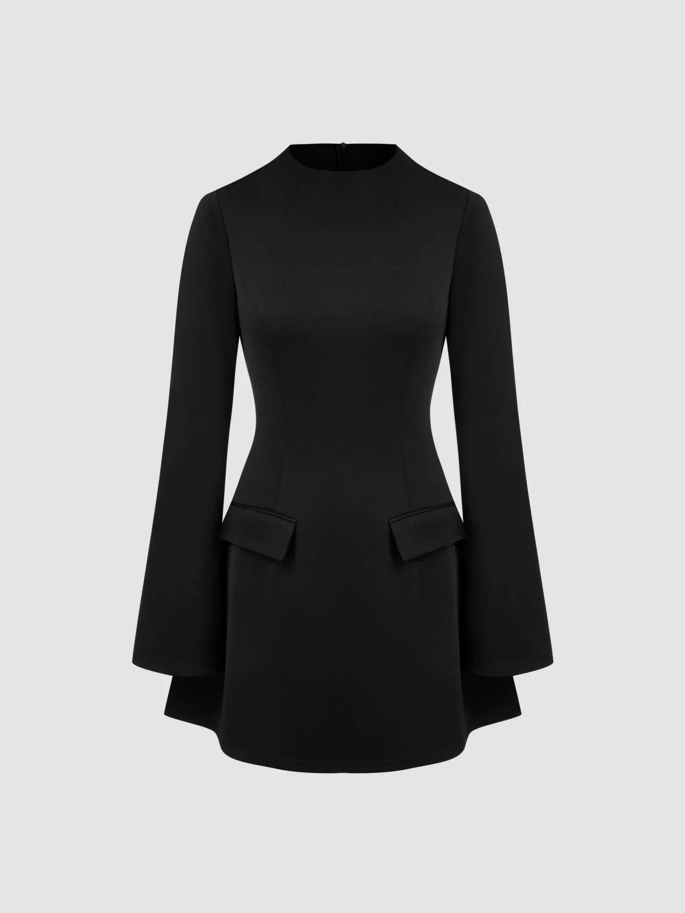 High Neck Solid Long Sleeve Mini Dress
