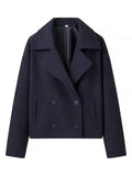Wool Blend Lapel Double Breasted Long Sleeve Coat
