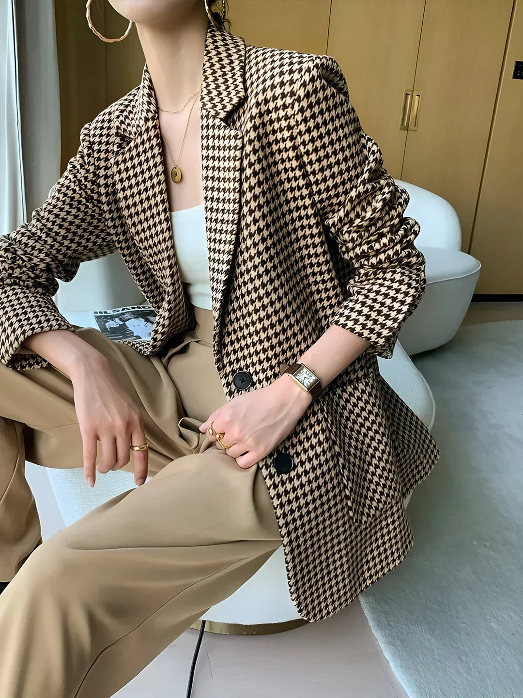 Elegant Style Houndstooth Split Blazer With Belt