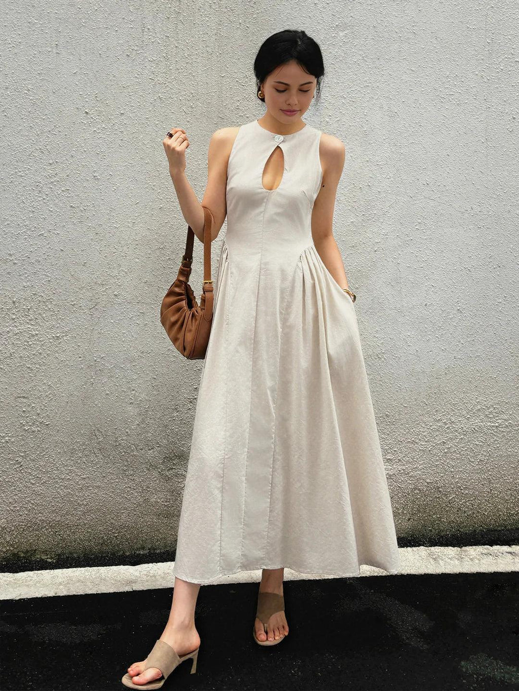 Cotton & Linen Pleated Cutout Long Dress