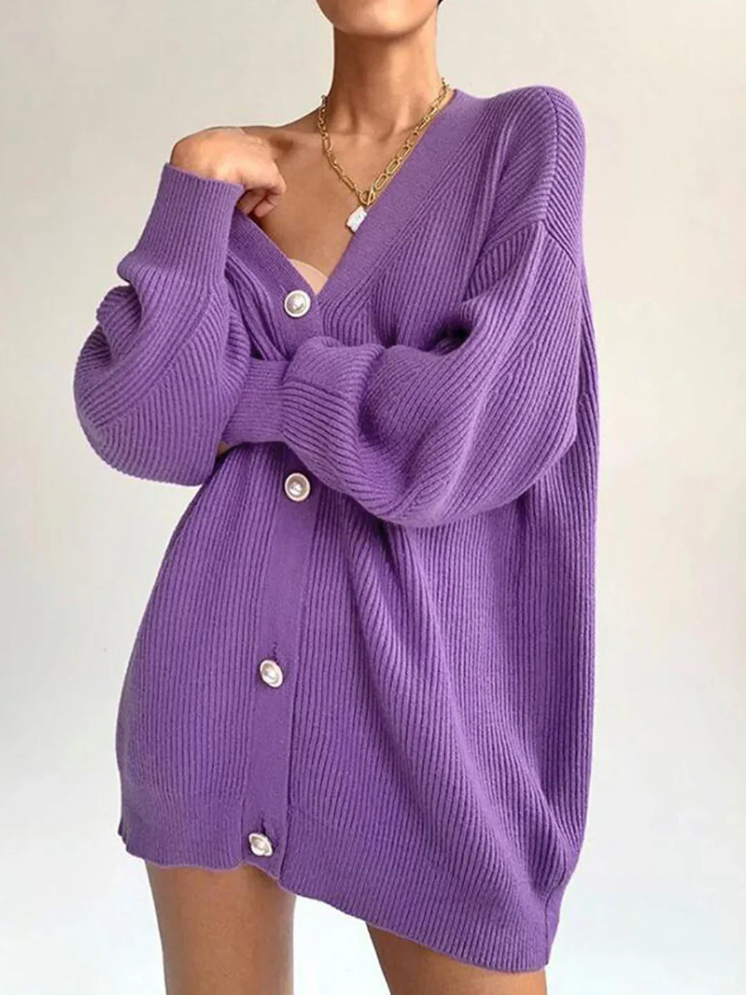 Solid Color Long-sleeved Pearl Oversized Cardigan