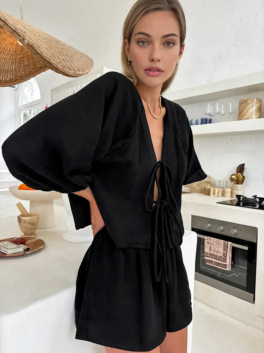 Cotton Tie-Front Long Sleeve Shorts Matching Set