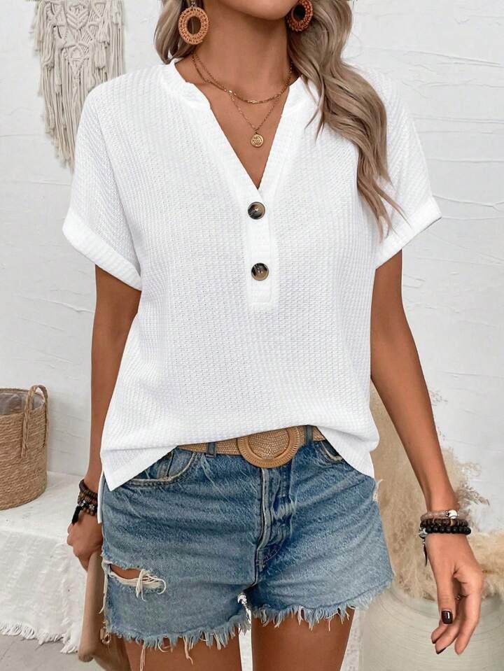Batwing Sleeve Solid Color V-neck Button Top