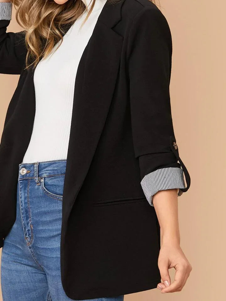 Lapel Notch Collar Roll Tab Sleeve Blazer