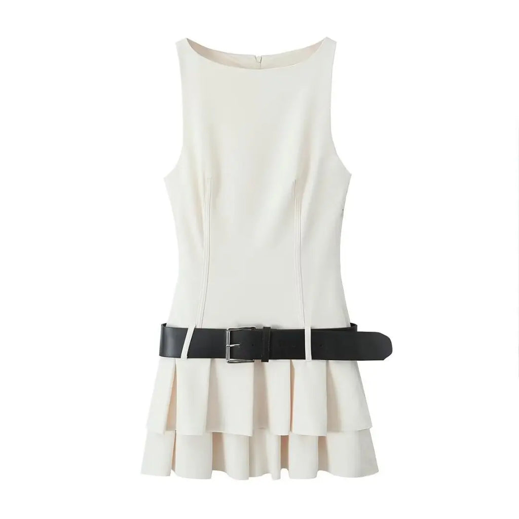 فستان قصير مطوي حزام ديكوراسيون