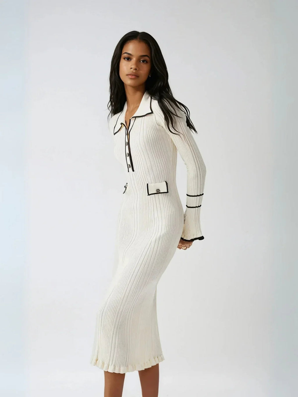 Oldmoney Style Contrast Ruffled Trim Midi Dress