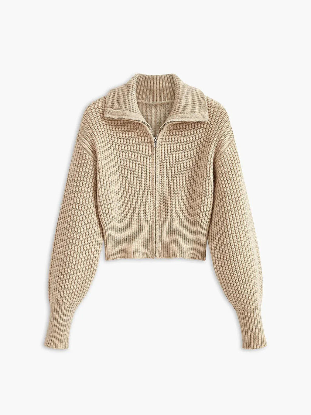 Ribbed Zipper Lapel Cardigan