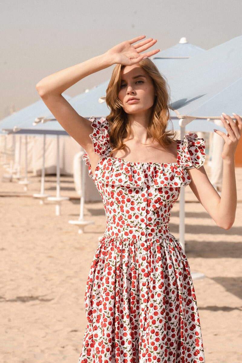 فستان ميدي غريسيلدا كيراز مطبوع بكشكش