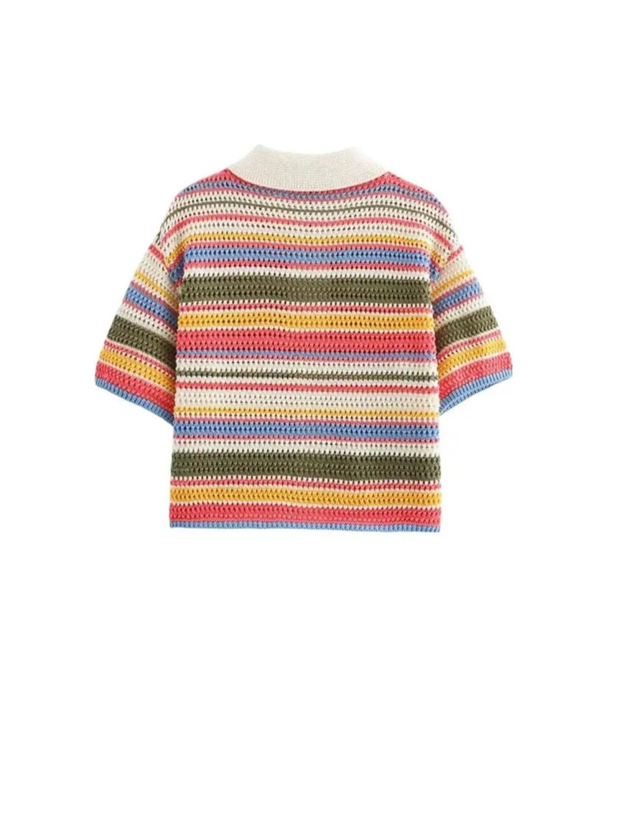 Womens Striped Crochet Knit Crop Top Polo Collar Button Up Short Sleeve Outerwear Chic Fashion