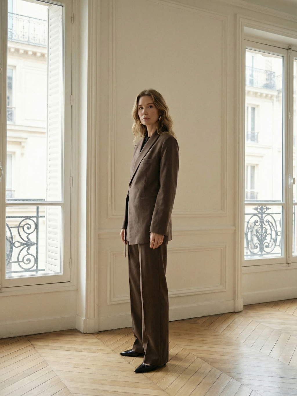 Notched Collar Jacket And Pants Office Suit Coffee Brown