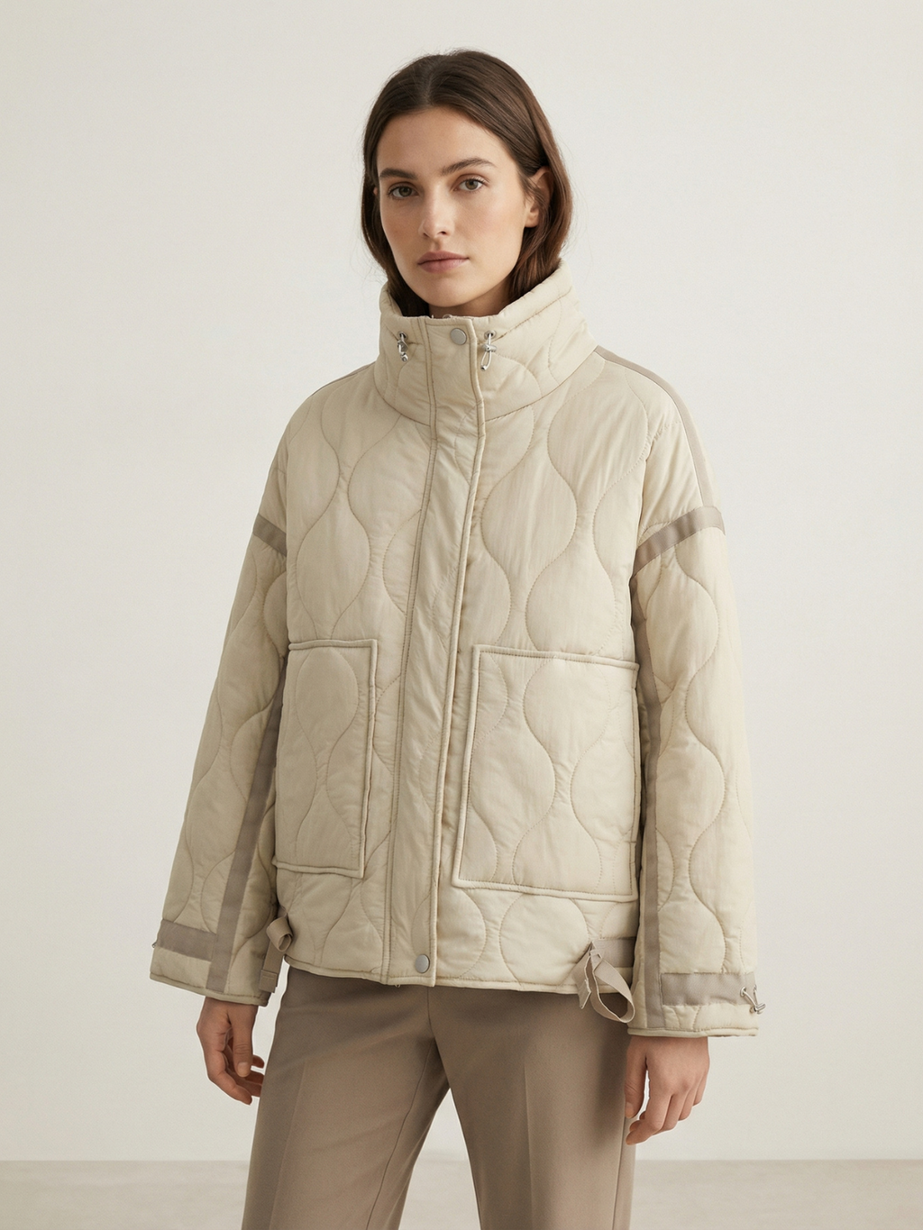 Quilted Bow Neck Jacket With Pockets